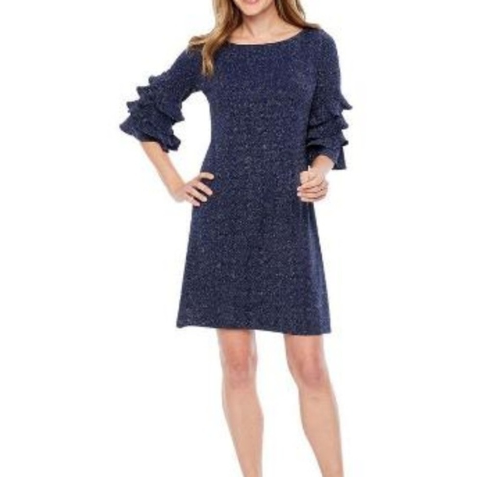 J. Taylor Womens Purple Tiered Ruffle Sleeve Boat Neck Shift Dress Size 8